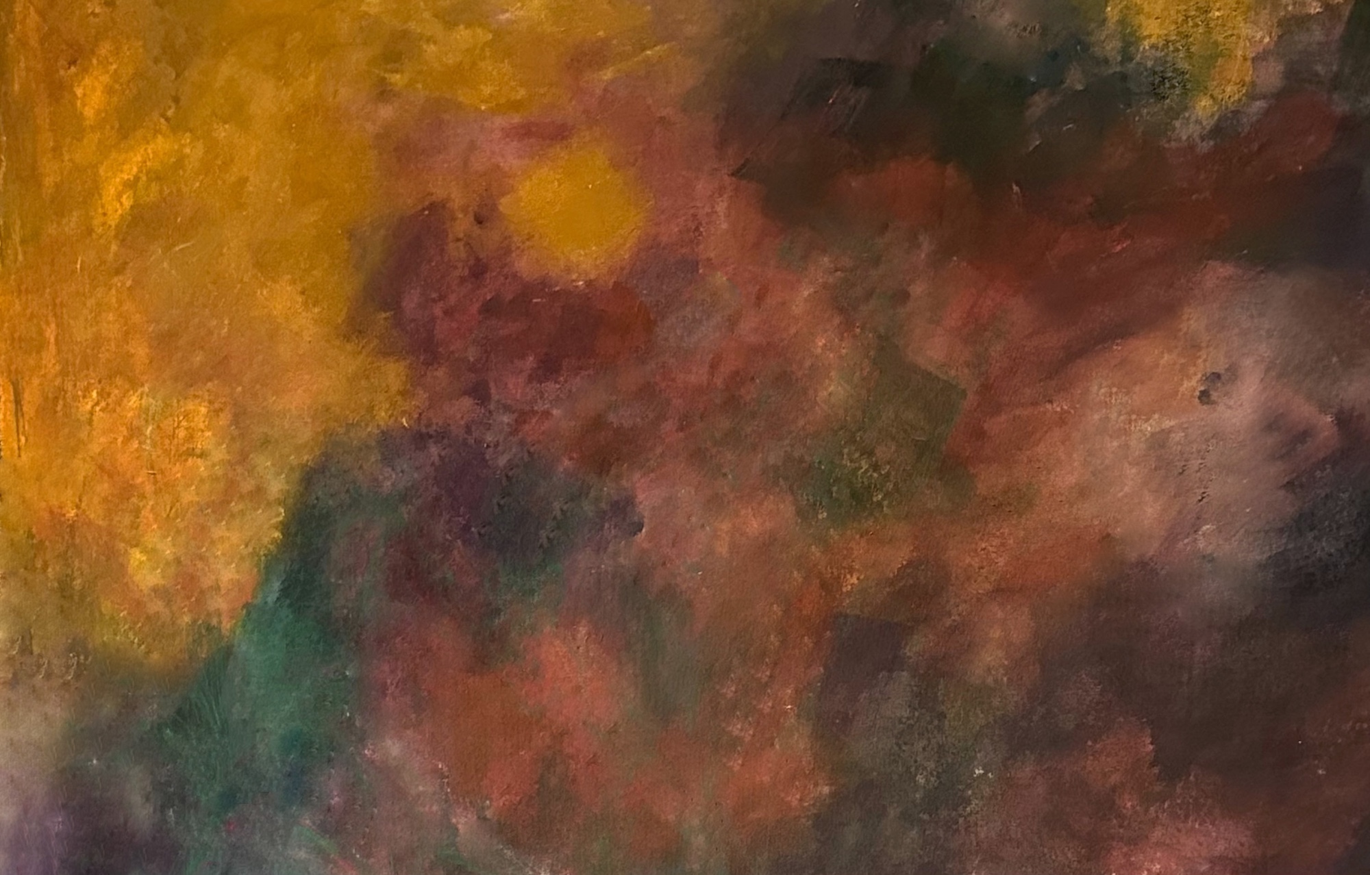 Large abstract artwork with pale textures and gold accents